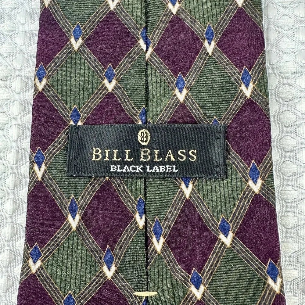 Bill‎ Blass Black Label Silk Tie Green Purple Diamond Plaid 4